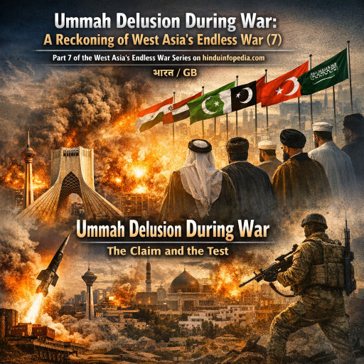 West Asia conflict, Iran war, Ummah concept, Islamic world politics, Middle East war, geopolitical analysis, Muslim nations, OIC, Shia Sunni divide, proxy wars, Iran Israel tension, US military presence, Gulf states, war imagery, political commentary, global geopolitics, strategic silence, military conflict, ideological narrative, Hinduinfopedia