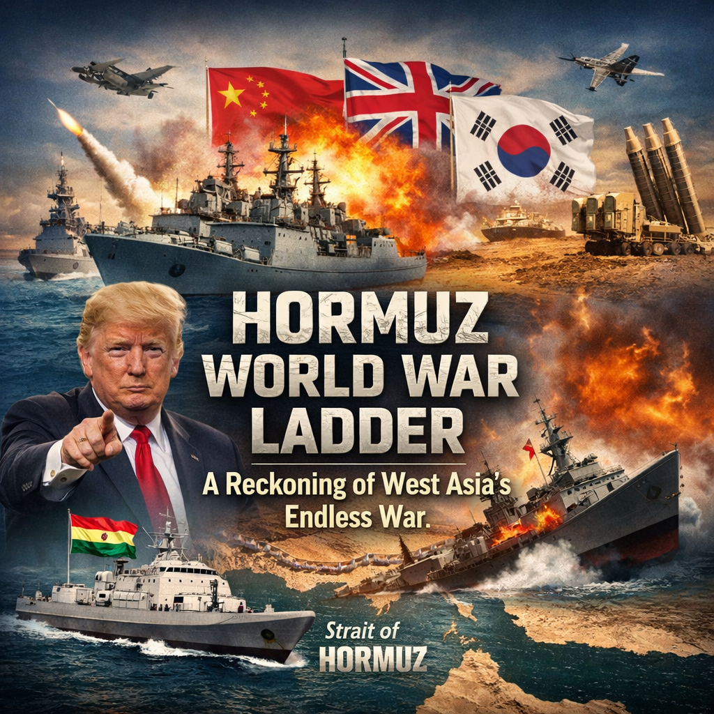 Strait of Hormuz, West Asia conflict, global geopolitics, naval warfare, Iran US tensions, Donald Trump, international alliances, maritime security, oil shipping routes, military escalation, world conflict, geopolitics illustration