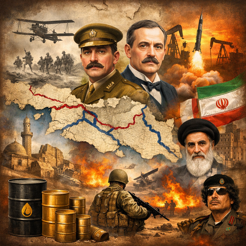 West Asia, oil politics, geopolitical map, colonial legacy, energy resources, global power, Iran conflict, Iraq war, Libya crisis, strategic control, historical conflict, resource politics