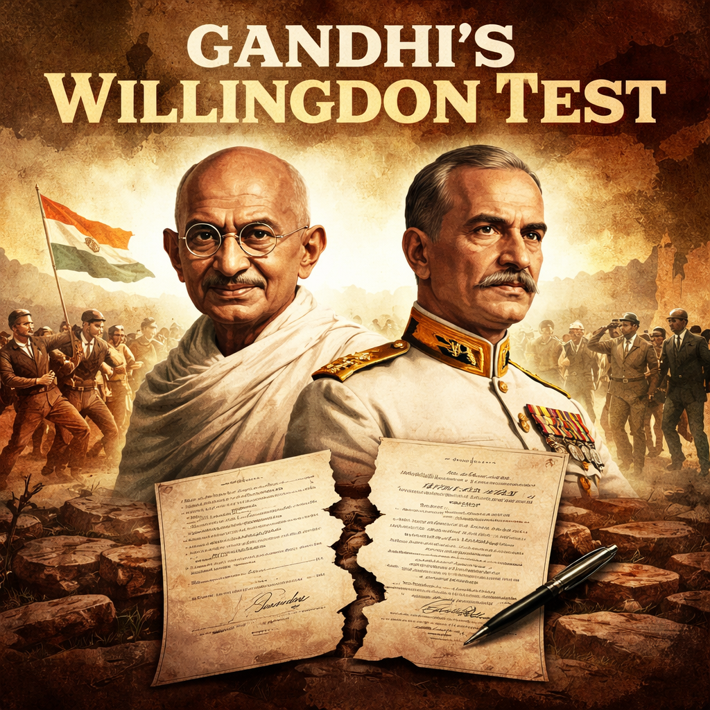 Mahatma Gandhi, Lord Willingdon, Gandhi Irwin Pact, Indian freedom struggle, British Raj, civil disobedience, colonial India, Congress movement, protest, nationalism, historical illustration, independence movement, political conflict, pact failure, vintage style