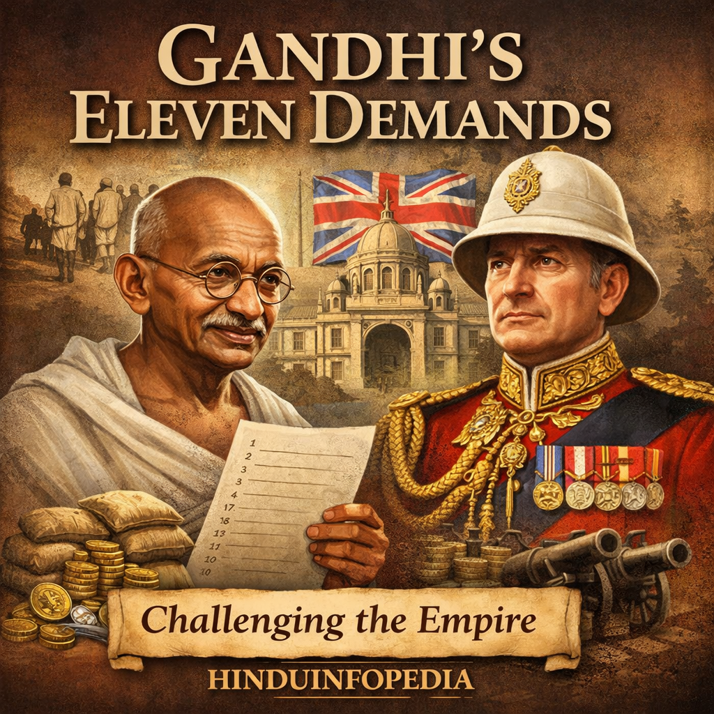 Mahatma Gandhi, Lord Irwin, Indian freedom struggle, British Raj, Salt March, colonial India, economic drain, Council Bills, Gandhi eleven demands, independence movement, historical illustration, HinduInfoPedia