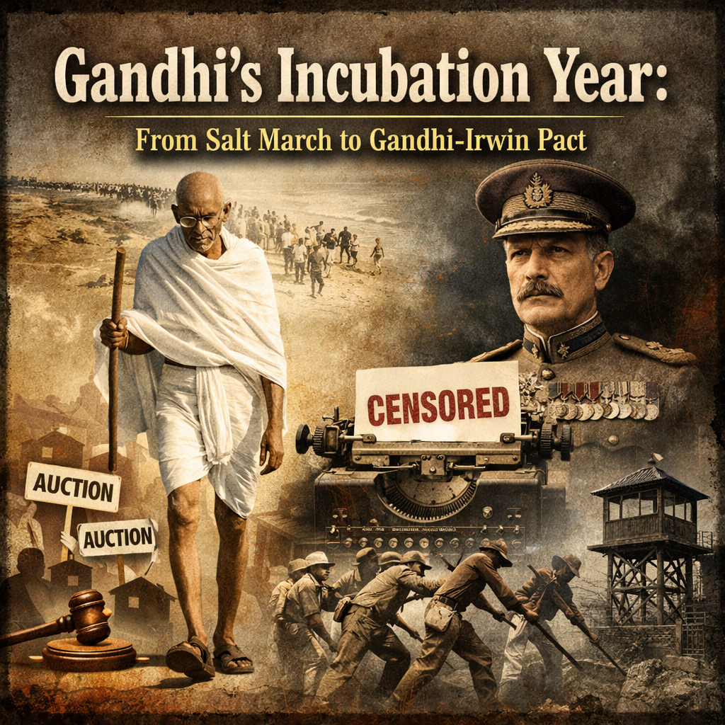 Gandhi, Lord Irwin, Salt March, Gandhi Irwin Pact, Civil Disobedience Movement, British Raj, Colonial repression, censorship, property auctions, Indian freedom struggle, Dharasana, political prisoners, colonial India, historical illustration, protest movement