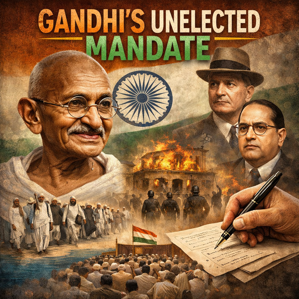 Gandhi, Indian freedom struggle, Congress, Irwin Pact, Poona Pact, Ambedkar, Lord Irwin, Civil Disobedience, Non Cooperation Movement, Chauri Chaura, Salt March, colonial India, political leadership, historical illustration, HinduinfoPedia