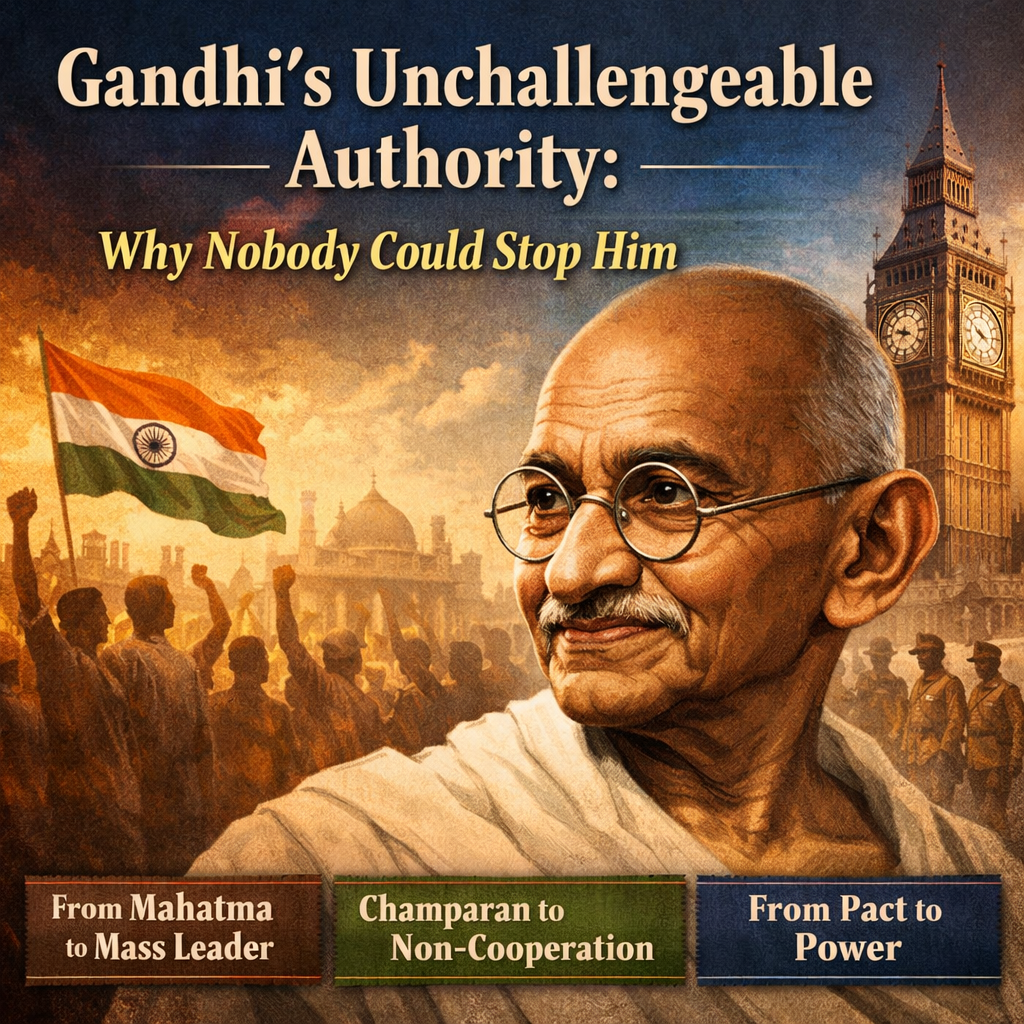 Mahatma Gandhi, Indian freedom movement, moral authority, leadership, Champaran movement, Non Cooperation Movement, Irwin Pact, British Empire, Indian nationalism, mass mobilization, political influence, independence struggle, colonial India, historical analysis, HinduinfoPedia