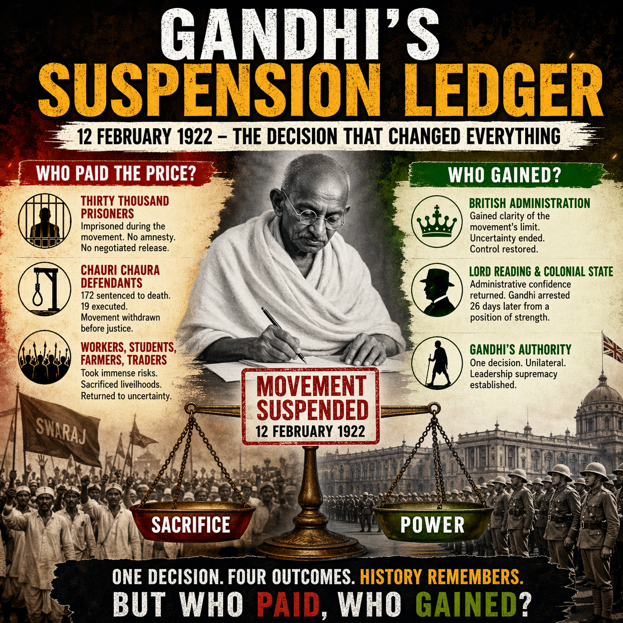 Gandhi, Non Cooperation Movement, Chauri Chaura, Indian Freedom Struggle, British Raj, Colonial India, 1922 History, Gandhi Decision, Indian Independence, Political Analysis, Leadership Power, Historical Infographic