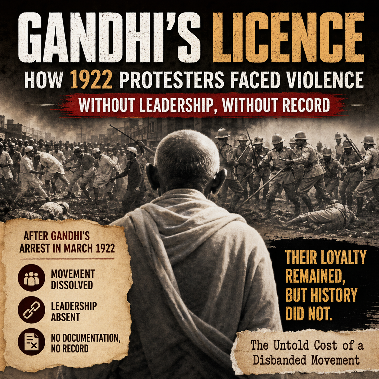 Gandhi arrest 1922, Indian history, freedom struggle, colonial India, British police, protests, non cooperation movement, leaderless crowd, Yerwada Jail, historical illustration