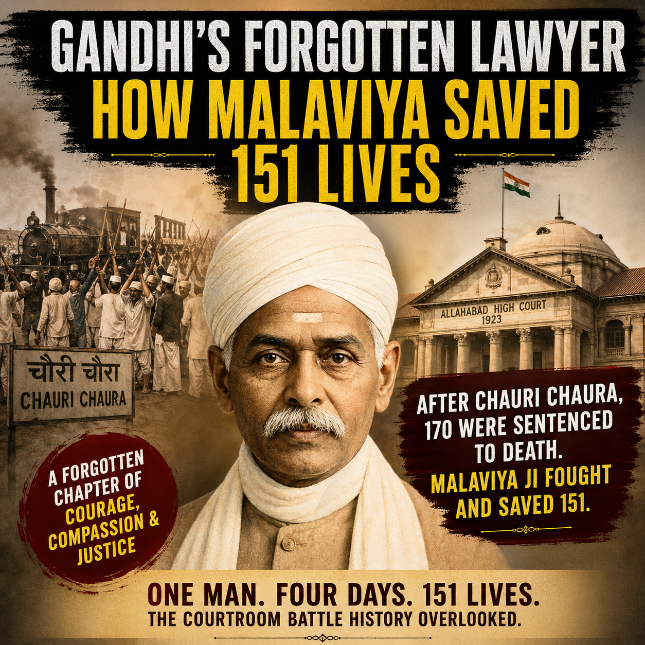 Madan Mohan Malaviya, Gandhi Forgotten Lawyer, Chauri Chaura, Allahabad High Court, Indian History, Freedom Movement, Colonial Court, British India, Legal Battle, Justice, Nationalist Leader, Historic Appeal, Courtroom Drama, HinduinfoPedia