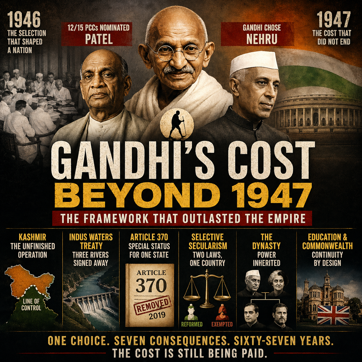 Gandhi, Mahatma Gandhi, Jawaharlal Nehru, Sardar Patel, Indian history, Congress Party, Kashmir, Article 370, Indus Waters Treaty, Nehru dynasty, Indian politics, Independence, Partition, Commonwealth, Education policy, Historical analysis, HinduinfoPedia