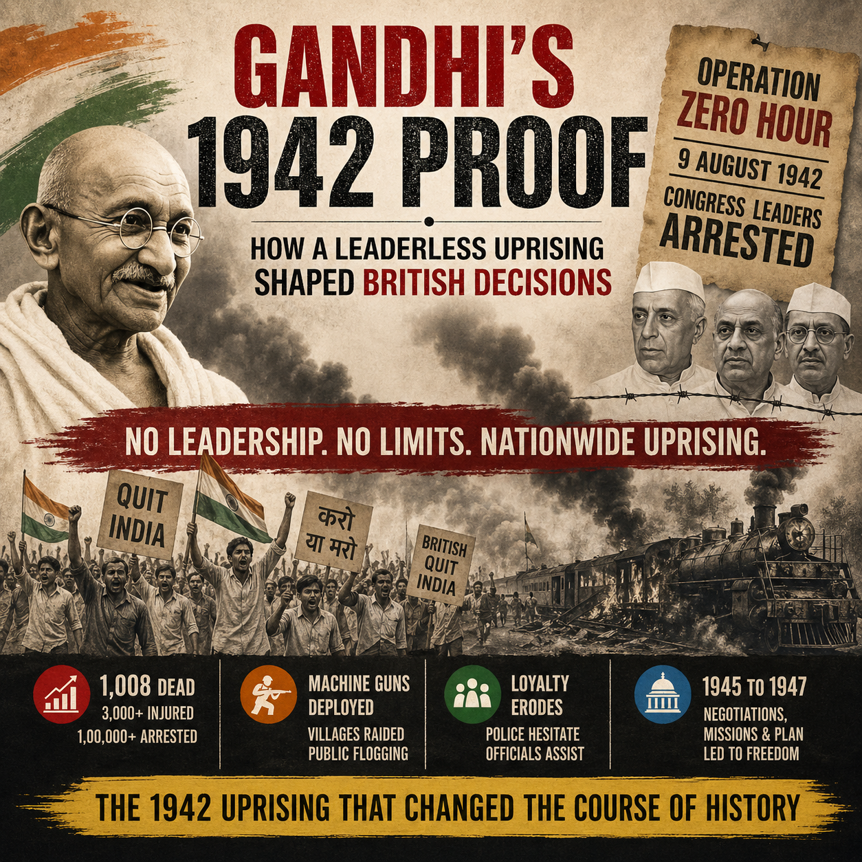Gandhi 1942, Quit India Movement, Indian independence, British rule India, leaderless uprising, Operation Zero Hour, Indian history, freedom struggle, Nehru, Patel, colonial India, historical infographic, 1942 uprising, Mountbatten Plan, Clement Attlee