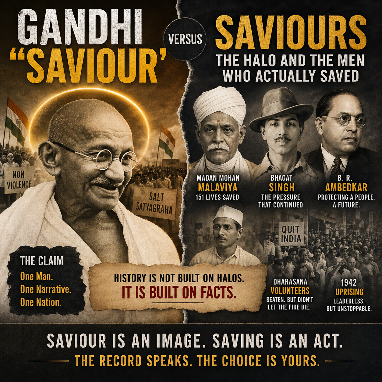 Gandhi, Indian history, freedom struggle, Bhagat Singh, Ambedkar, Malaviya, independence movement, historiography, political narrative, revolutionaries, Quit India, Dharasana, colonial India, protest movements, historical debate