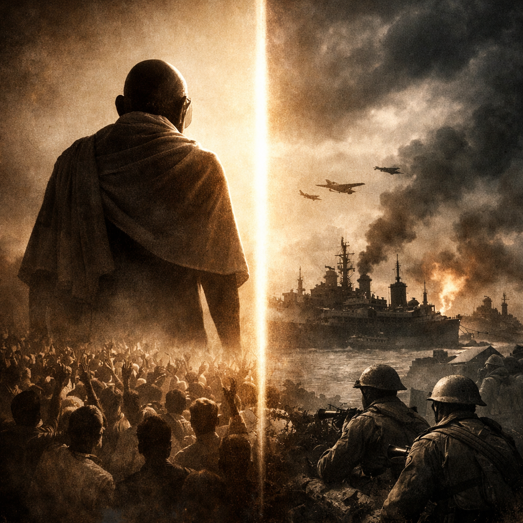 Mahatma Gandhi, Indian freedom struggle, World War II, British Empire, mass mobilisation, moral authority, political power, historical analysis, war and peace, India history, leadership, missed opportunity