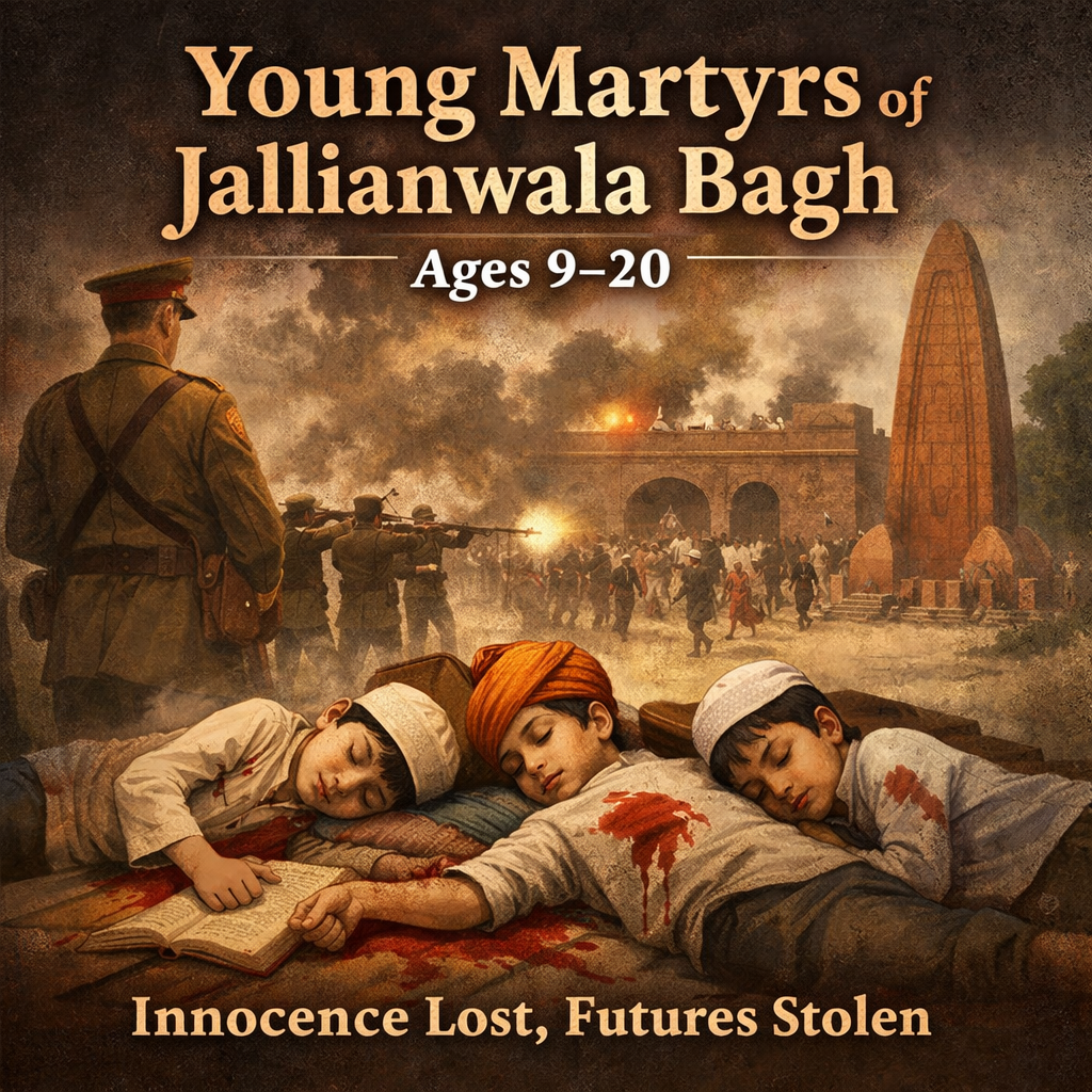 Jallianwala Bagh Massacre, young martyrs, British colonial brutality, Reginald Dyer, Baisakhi 1919, Indian freedom struggle, colonial violence, innocent victims, historical tragedy India, Amritsar massacre, children martyrs, colonial oppression, Indian history, remembrance, national sacrifice
