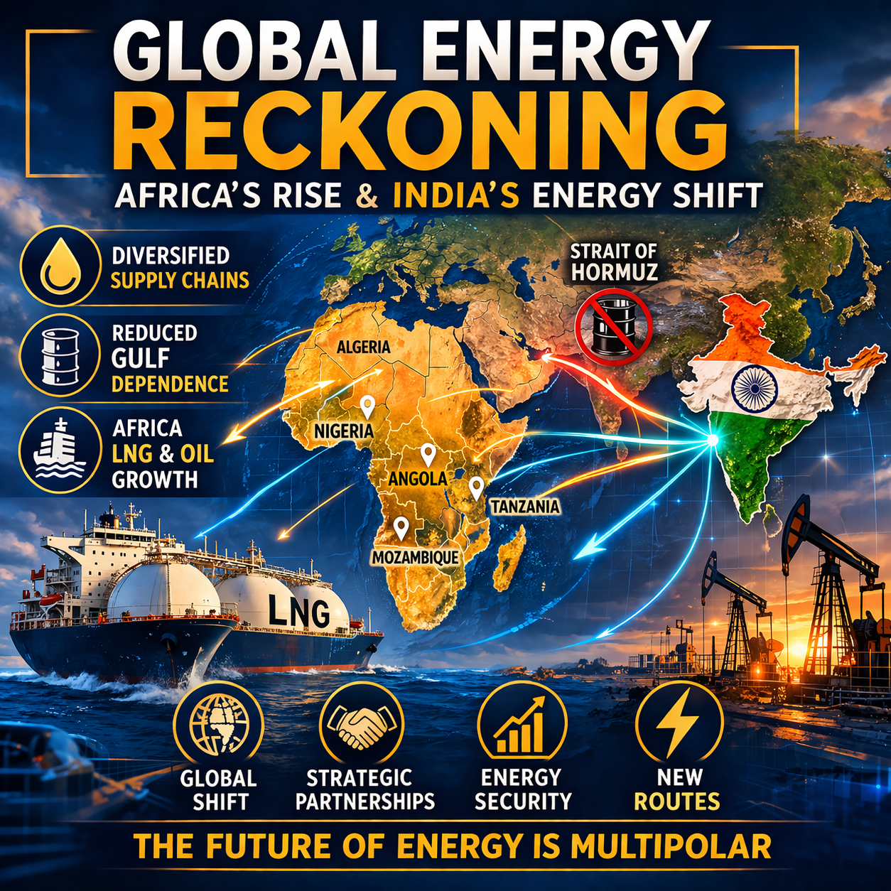 Global Energy, Energy Shift, Africa Oil, LNG Trade, India Energy, Hormuz Strait, Energy Diversification, Oil Supply Routes, Geopolitics, Energy Security, Petrodollar System, Global Trade