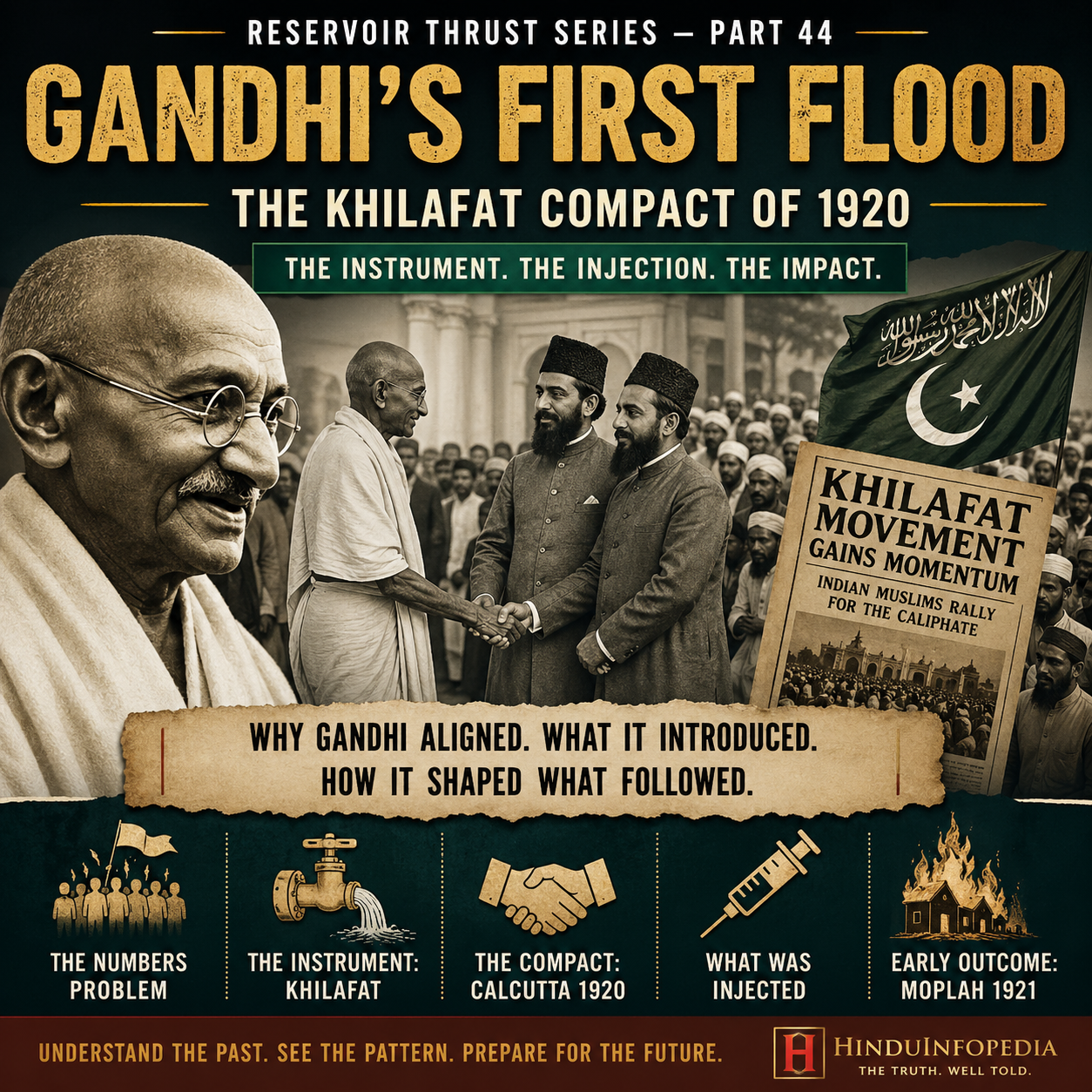 Gandhi, Khilafat Movement, Indian history, freedom movement, Non Cooperation Movement, Calcutta 1920, political alliance, pan Islamic movement, Congress, Moplah 1921, historical infographic, vintage poster, Indian politics, nationalism, HinduinfoPedia