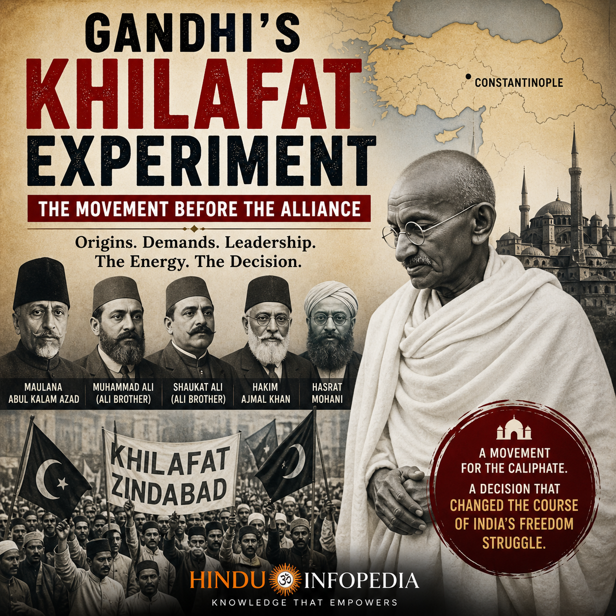 Khilafat Movement, Mahatma Gandhi, Indian independence, Ottoman Empire, Abul Kalam Azad, Muhammad Ali, Shaukat Ali, Non Cooperation Movement, colonial India, political history, pan Islamism, freedom struggle, historical protest, Indian politics, HinduinfoPedia