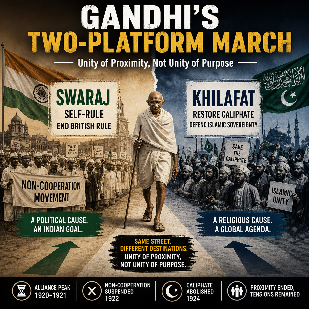 Gandhi, Khilafat Movement, Swaraj, Non Cooperation Movement, Indian independence, Caliphate, Hindu Muslim relations, political movements, colonial India, freedom struggle, historical analysis, infographic, Mahatma Gandhi, Indian history