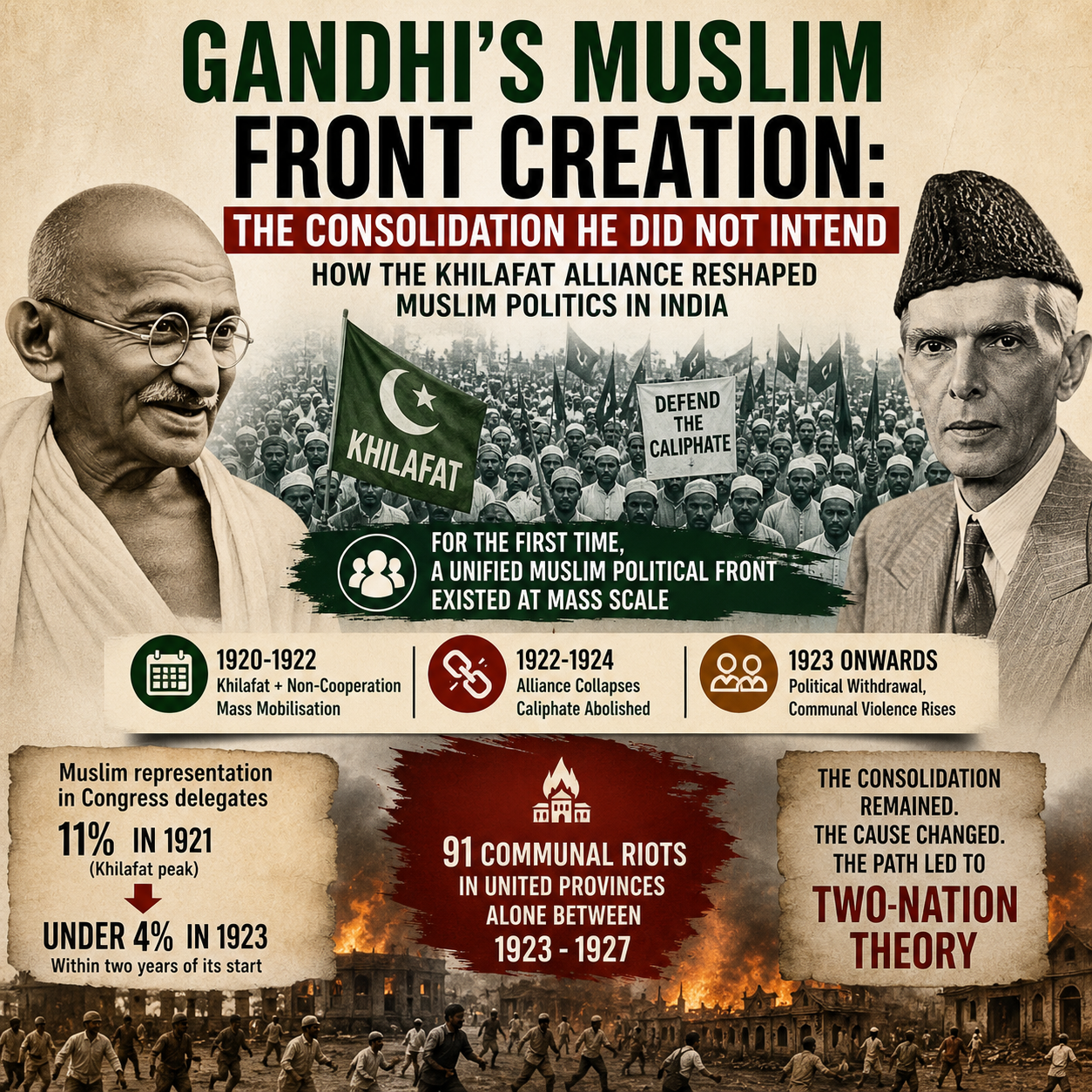 Gandhi, Jinnah, Khilafat Movement, Indian history, Muslim politics, Congress, Muslim League, communal riots, political identity, partition history, Non Cooperation Movement, British India, political mobilisation, historical infographic