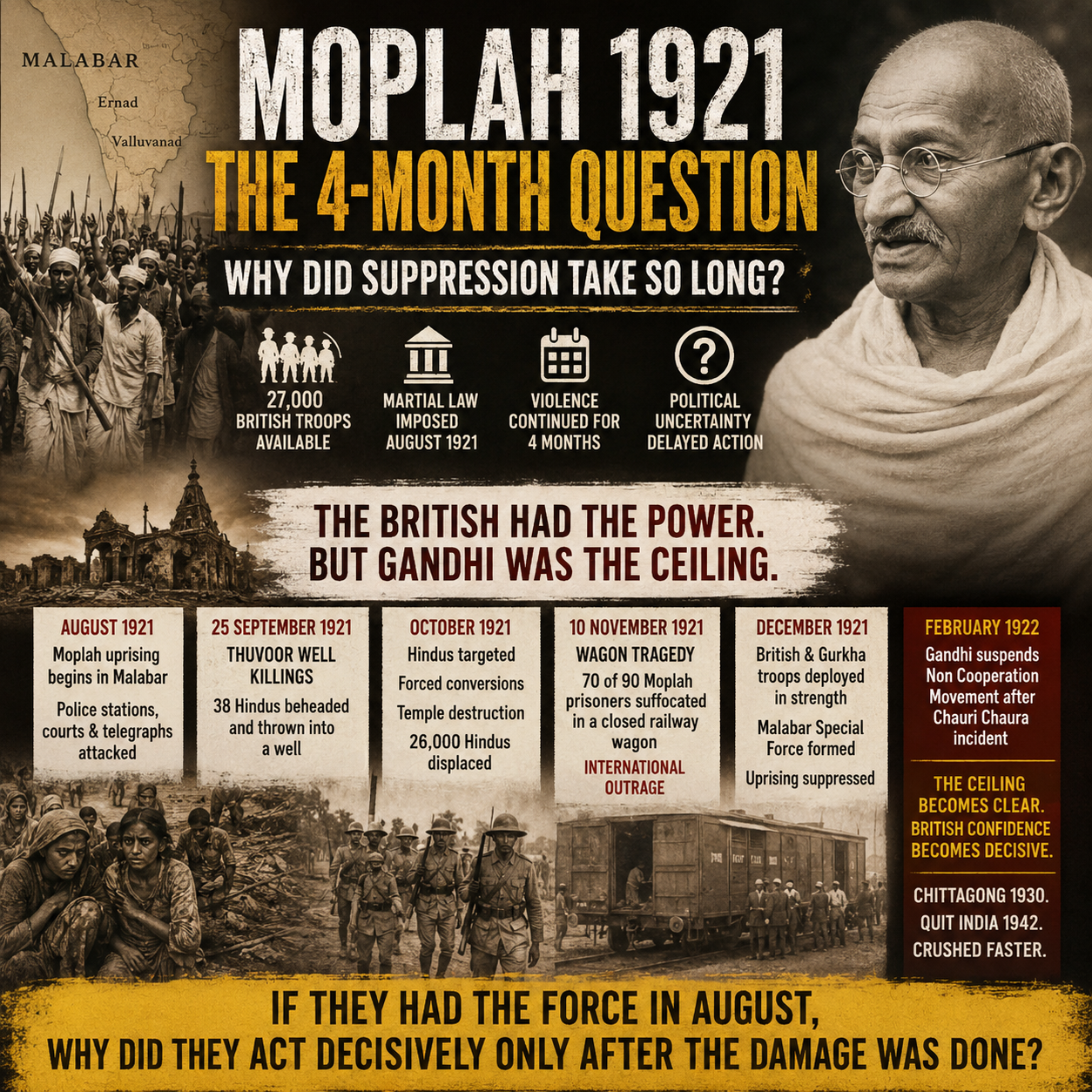 Moplah Rebellion, Moplah Massacre, Malabar Uprising, Gandhi, Non Cooperation Movement, Khilafat Movement, British Raj, Malabar History, Hindu Displacement, Wagon Tragedy, Thuvoor Well, Ernad, Valluvanad, Colonial India, Indian History, Historical Analysis, HinduinfoPedia, Communal Violence, British Suppression, Kerala History