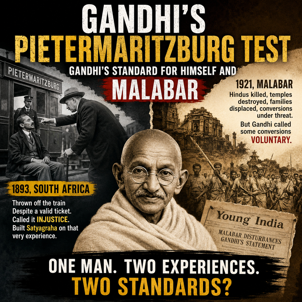 Gandhi, Pietermaritzburg, Malabar, Moplah Rebellion, Khilafat Movement, Satyagraha, South Africa, Forced Conversion, Colonial India, Hindu History, Young India, Historical Debate, Mahatma Gandhi, Malabar Violence, Political Contradiction, Congress History, Feature Image, HinduinfoPedia
