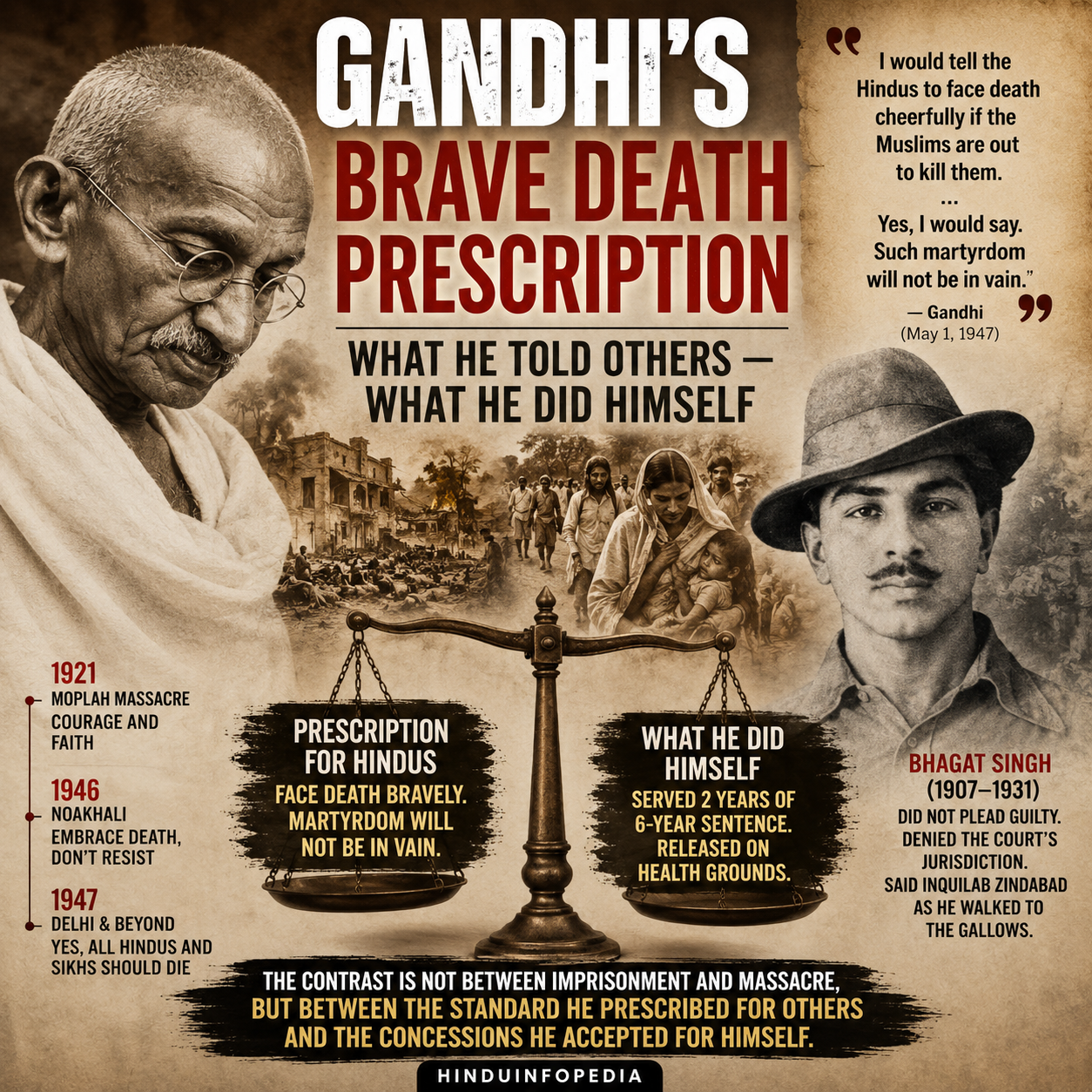 Gandhi, Mahatma Gandhi, Bhagat Singh, Ahimsa, Moplah Massacre, Noakhali, Partition Violence, Hindu Refugees, Communal Violence, British Raj, Indian Freedom Movement, Khilafat Movement, Gandhi Quotes, Martyrdom, Non Violence, Congress History, Malabar, Yerwada Prison, Irwin Pact, HinduinfoPedia