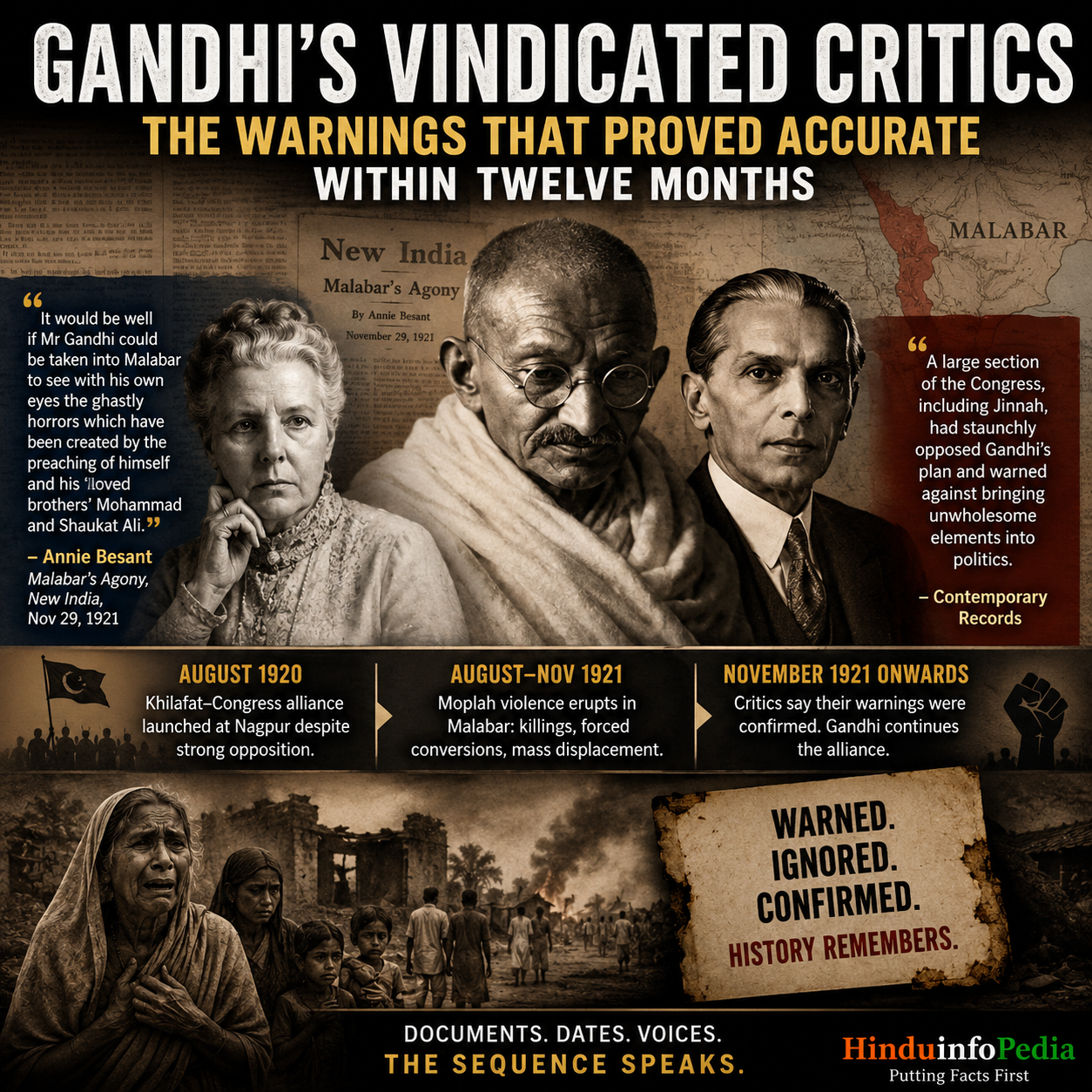 Gandhi, Annie Besant, Muhammad Ali Jinnah, Khilafat Movement, Moplah Massacre, Malabar Violence, Congress Politics, Indian History, Non-Cooperation Movement, Pan-Islamism, Historical Debate, Freedom Struggle, Political Warnings, Communal Violence, HinduinfoPedia