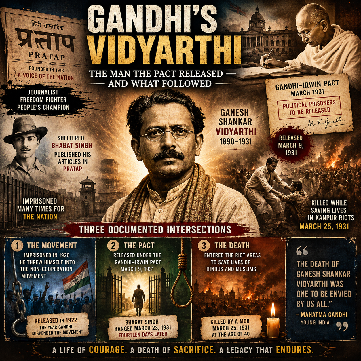 Ganesh Shankar Vidyarthi, Gandhi, Bhagat Singh, Chandra Shekhar Azad, Gandhi Irwin Pact, Indian Freedom Struggle, Indian National Movement, Pratap Newspaper, Congress History, British Raj, Revolutionary Movement, Swaraj, Political Prisoners, Kanpur Riots, Karachi Congress, Young India, Nationalist Journalism, Indian History, Freedom Fighter, HinduinfoPedia