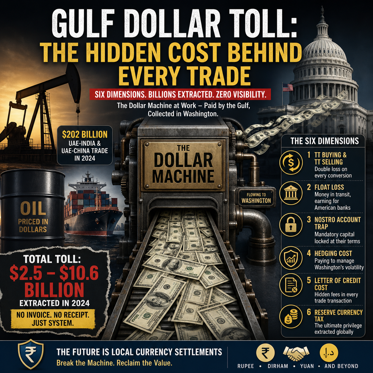 Dollar system, petrodollar, global trade, oil trade, forex market, currency exchange, financial system, economic power, SWIFT payments, trade finance, hedging cost, reserve currency, banking system, UAE trade, India trade, China trade, economic extraction, monetary system, global finance, HinduinfoPedia