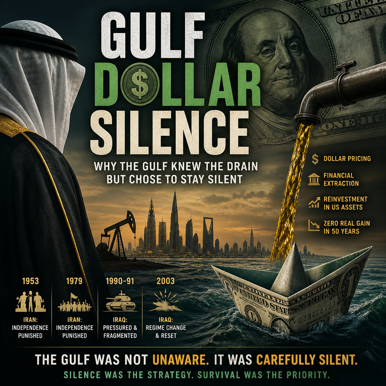 petrodollar system, gulf economy, dollar dominance, oil trade, geopolitics, financial control, economic extraction, SWIFT system, global finance, currency power, west asia conflict, strategic silence, economic dependence, energy politics, monetary system
