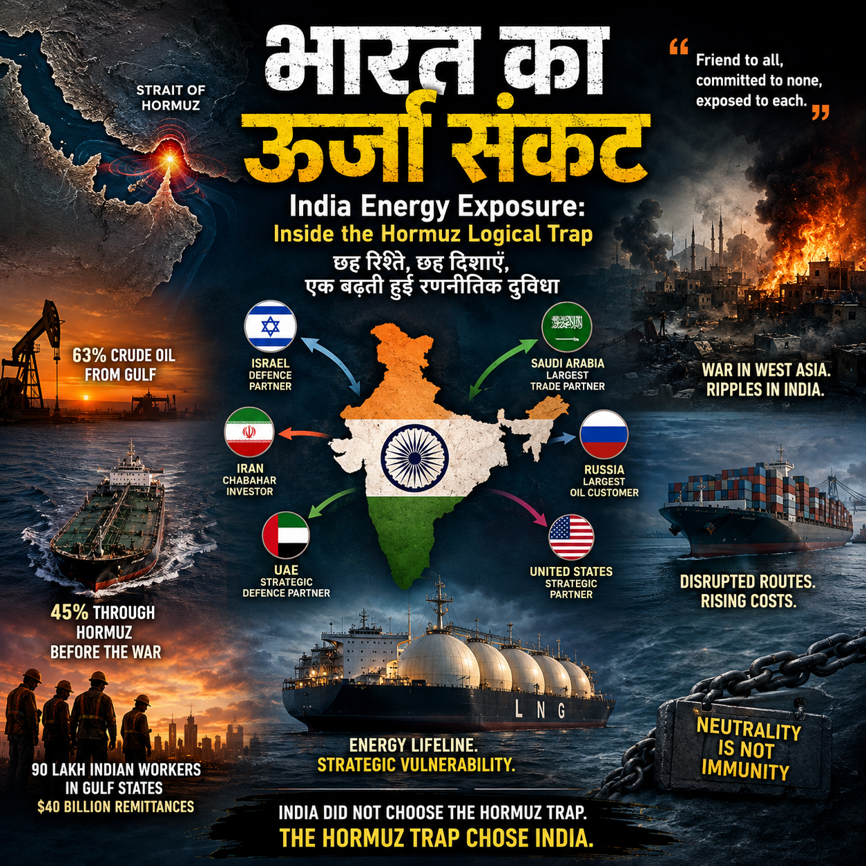 India Energy Exposure, Hormuz Logical Trap, Strait of Hormuz, West Asia War, India Oil Dependency, Gulf Crisis, India Geopolitics, Iran Israel Conflict, UAE India Relations, Russian Oil, Energy Security, Strategic Neutrality, Gulf Trade Routes, LNG Supply, Oil Tankers, Middle East Conflict, Chabahar Port, India Foreign Policy, Hormuz Crisis, HinduinfoPedia