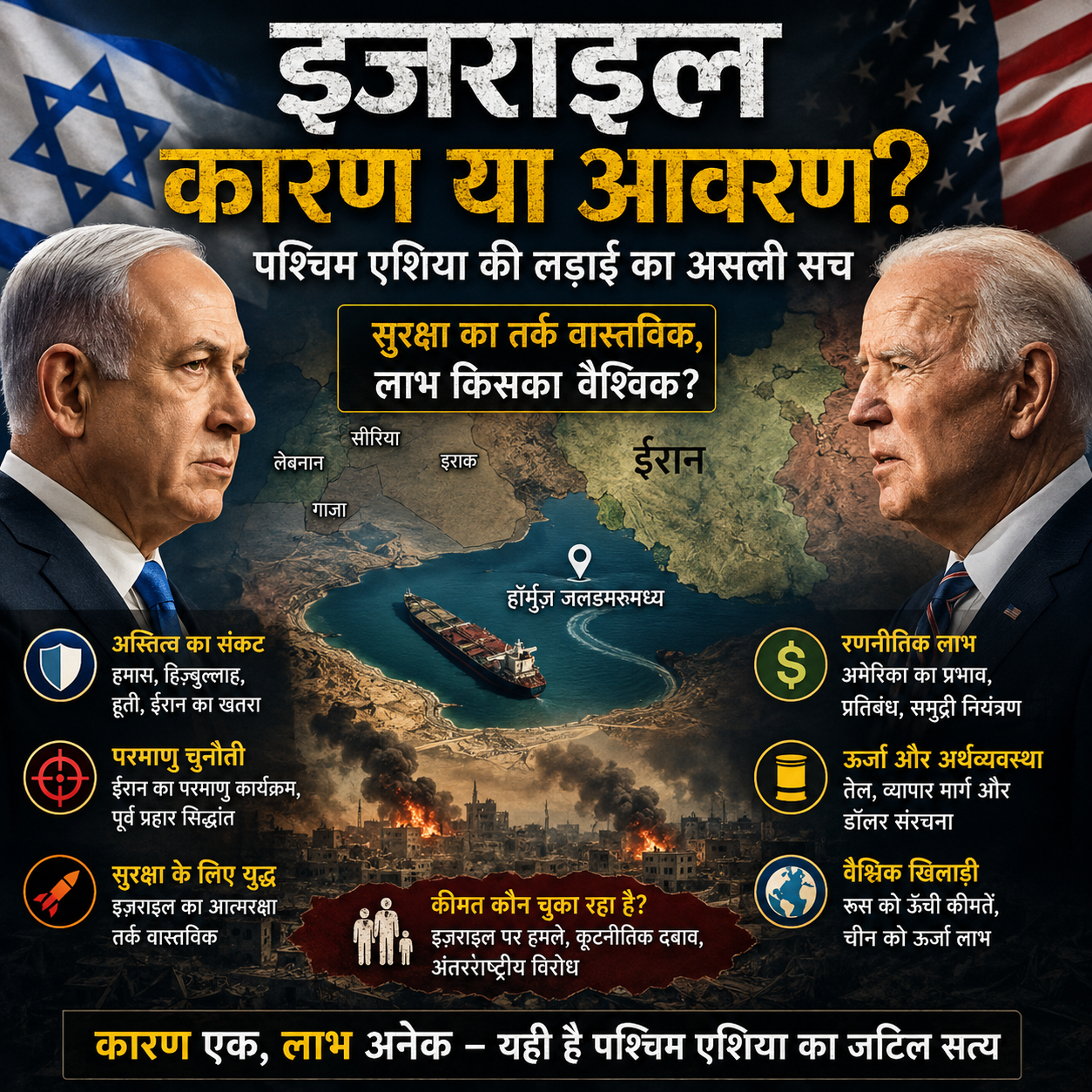 Israel, Iran, West Asia, Hormuz Strait, Geopolitics, Benjamin Netanyahu, Joe Biden, Proxy War, Energy Politics, Gulf Region, Maritime Trade, Nuclear Program, Global South, Strategic Conflict, Oil Routes, Middle East Crisis, Dollar Dominance, HinduinfoPedia