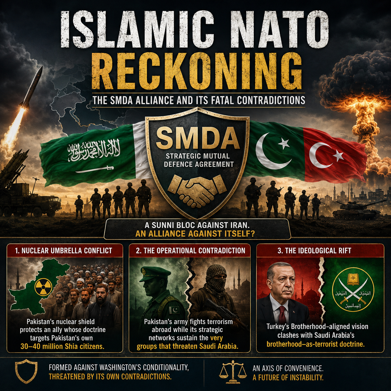 Islamic NATO, SMDA, Saudi Arabia, Pakistan, Turkey, Iran, Sunni Bloc, Shia Sunni Conflict, Nuclear Umbrella, Muslim Brotherhood, Geopolitics, West Asia, Middle East Conflict, Defence Alliance, Strategic Mutual Defence Agreement, NATO Style Alliance, Gulf Security, Political Islam, Military Alliance, Erdoğan, Pakistan Army, Saudi Security, Regional Conflict, HinduinfoPedia