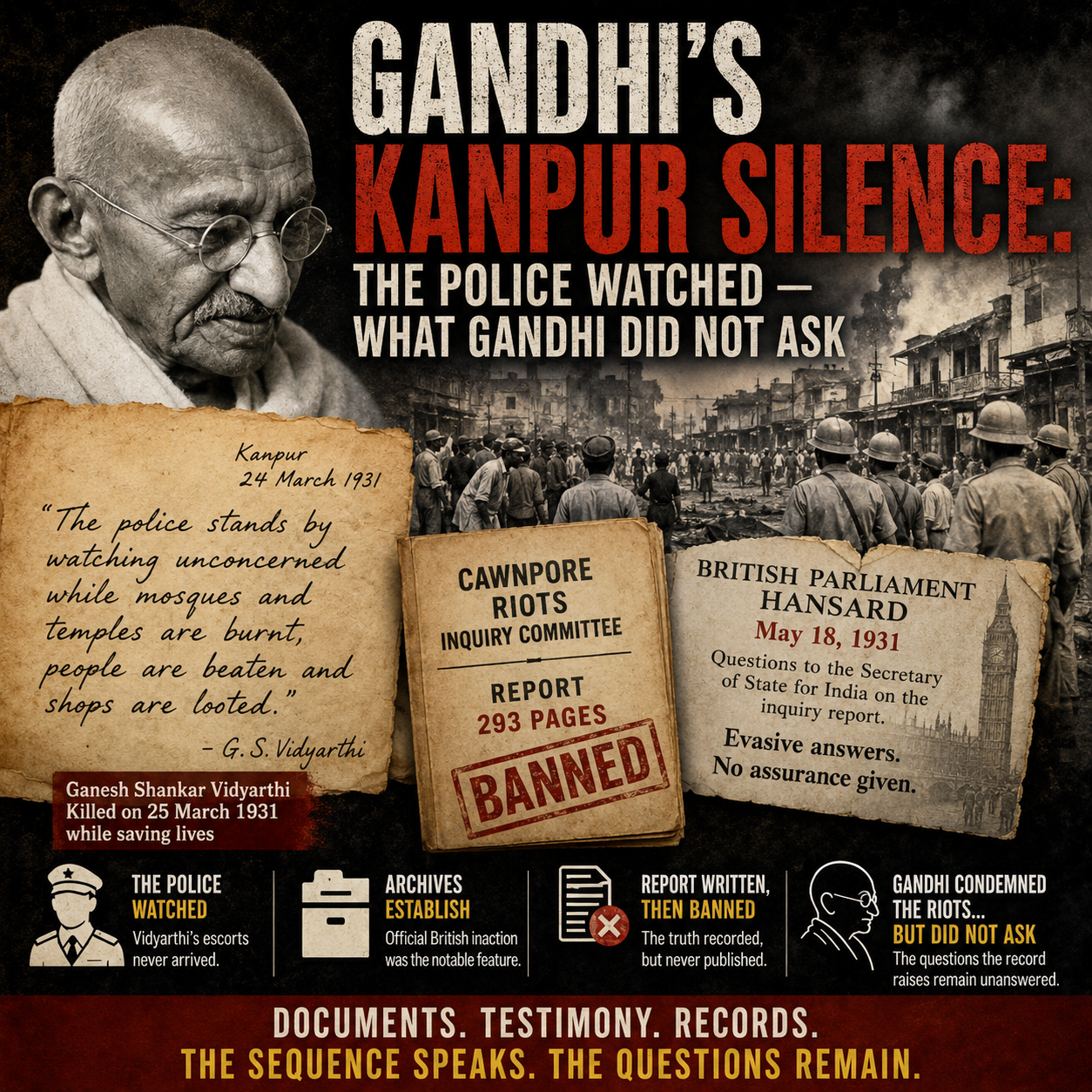 Gandhi, Mahatma Gandhi, Ganesh Shankar Vidyarthi, Kanpur Riots, Kanpur 1931, British Raj, Colonial India, Freedom Movement, Indian National Congress, Cawnpore Riots Inquiry Committee, Hansard, Historical Research, Archives, National Archives of India, Communal Violence, Political History, Indian History, Bhagat Singh, Gandhi Irwin Pact, Historical Documents, Colonial Administration, HinduinfoPedia