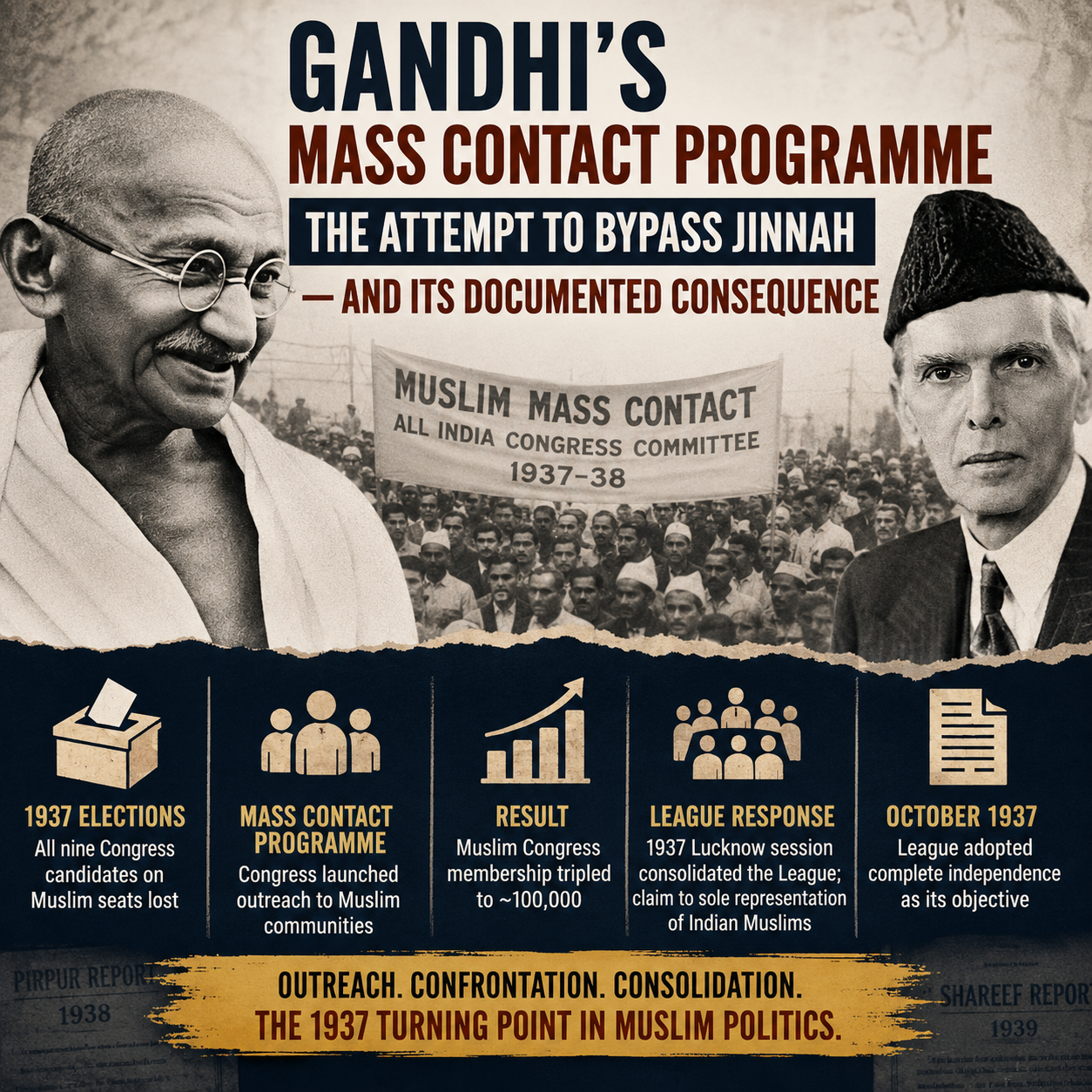 Gandhi, Jinnah, Muslim Mass Contact Programme, Congress Party, Muslim League, 1937 Elections, Lucknow Session, British India, Indian Freedom Movement, HinduinfoPedia, Political History, Pre Partition India, Congress League Relations, Ambedkar, Nehru, Muslim Politics, Historical Documentary, Indian National Congress, Partition History, Colonial India