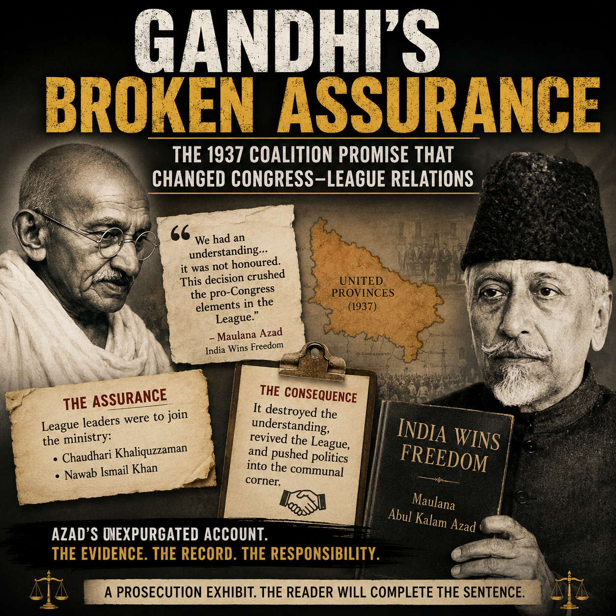 Gandhi, Mahatma Gandhi, Maulana Azad, Abul Kalam Azad, India Wins Freedom, Congress, Muslim League, United Provinces, UP Politics, Coalition Ministry, Coalition Dispute, Congress League Relations, Partition History, Indian Politics, Freedom Movement, Khaliquzzaman, Nawab Ismail Khan, Historical Analysis, Political History, Documentary Style, Prosecution Exhibit, Historical Evidence, Congress Leadership, Nehru, Colonial India