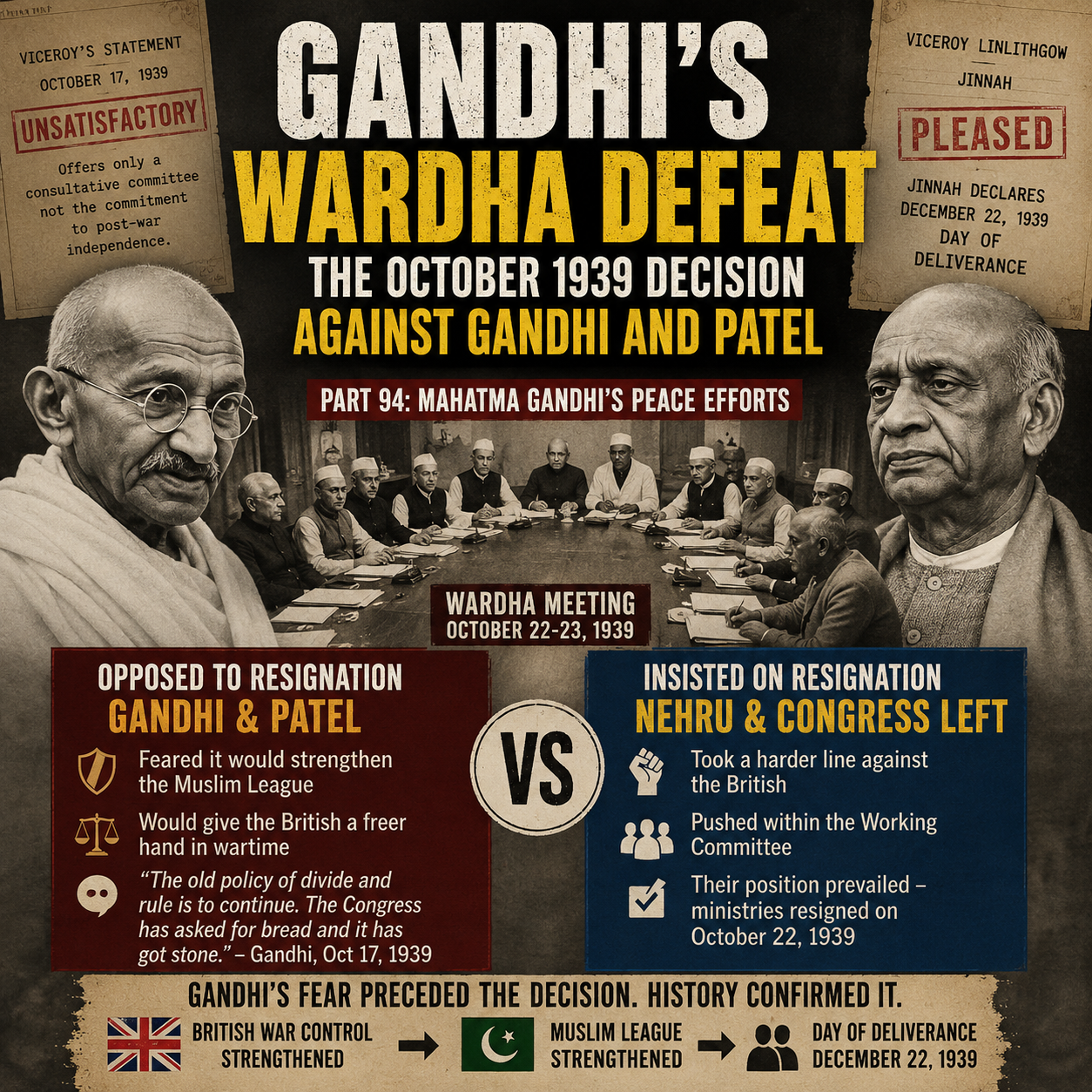 Gandhi, Mahatma Gandhi, Sardar Patel, Jawaharlal Nehru, Wardha Meeting, Congress Working Committee, October 1939, Congress Ministries, Provincial Resignations, British Raj, Viceroy Linlithgow, Muhammad Ali Jinnah, Muslim League, Day of Deliverance, Indian Freedom Movement, Indian Political History, Congress Party, Second World War, Colonial India, Hinduinfopedia