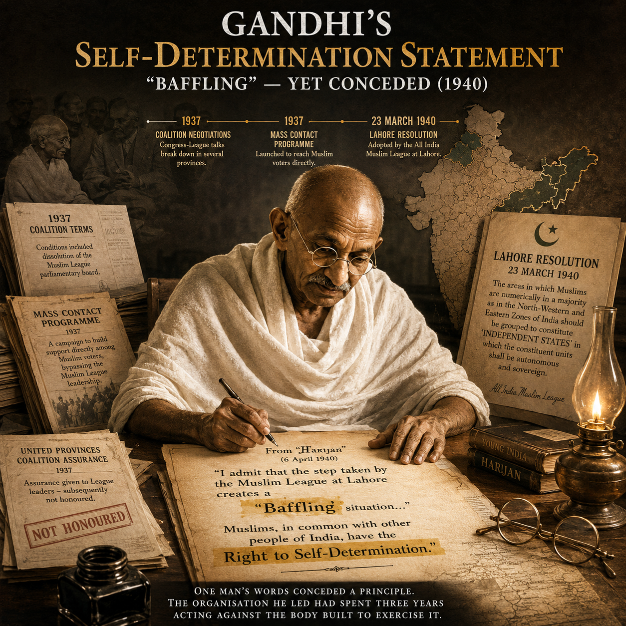 Mahatma Gandhi, Gandhi self-determination statement, Lahore Resolution 1940, Muslim League, Congress League relations, Pakistan Resolution, Indian independence movement, Gandhi and Jinnah, constitutional history, British India, Congress politics, Lahore Resolution reaction, Muslim self-determination, Gandhi Harijan 1940, political history of India, partition debate, Gandhi peace efforts, Hinduinfopedia, historical analysis, Indian political history