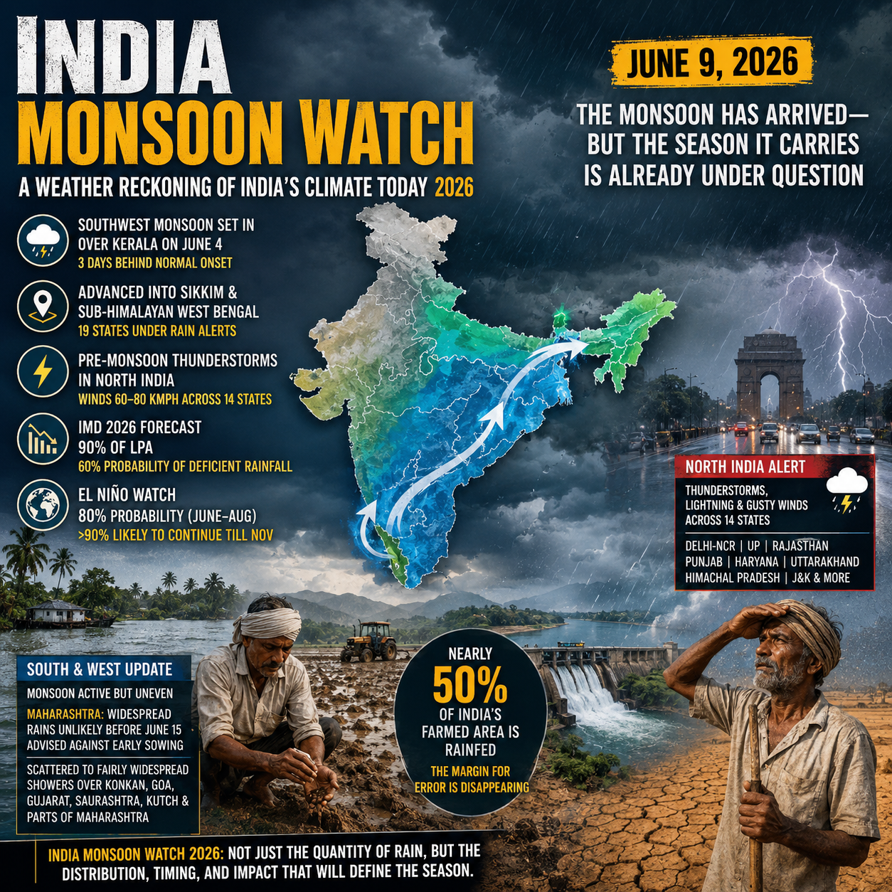 India Monsoon Watch, Indian Monsoon 2026, Southwest Monsoon, India Weather, Monsoon Forecast, Climate Change, El Niño, Rainfall Deficit, Weather Alert, IMD Forecast, Agricultural Risk, Farmers, Drought, Thunderstorms, Extreme Weather, Rainfall Distribution, Water Security, Reservoir Levels, Climate Monitoring, India Climate, Seasonal Rainfall, Monsoon Advance, Weather Analysis, Environmental Monitoring, India Agriculture