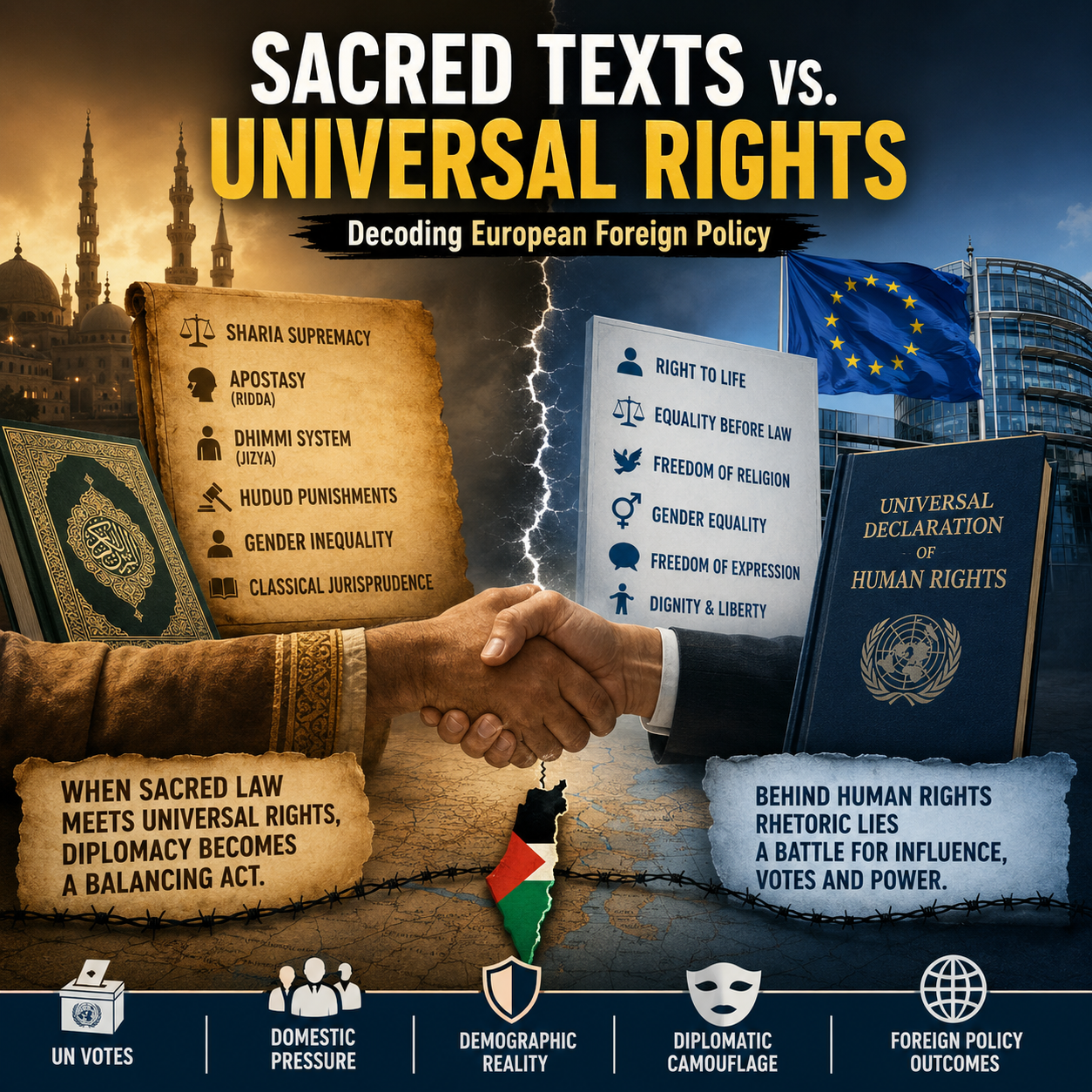Sacred Texts, Universal Rights, European foreign policy, Palestine recognition, European Union, human rights, Islamic jurisprudence, fiqh, Sharia, Universal Declaration of Human Rights, diplomacy, geopolitics, Middle East, UN voting, demographic politics, political analysis, international law, Muslim Brotherhood, Europe, strategic analysis, ideological conflict, international relations, Palestine, public policy, HinduInfopedia