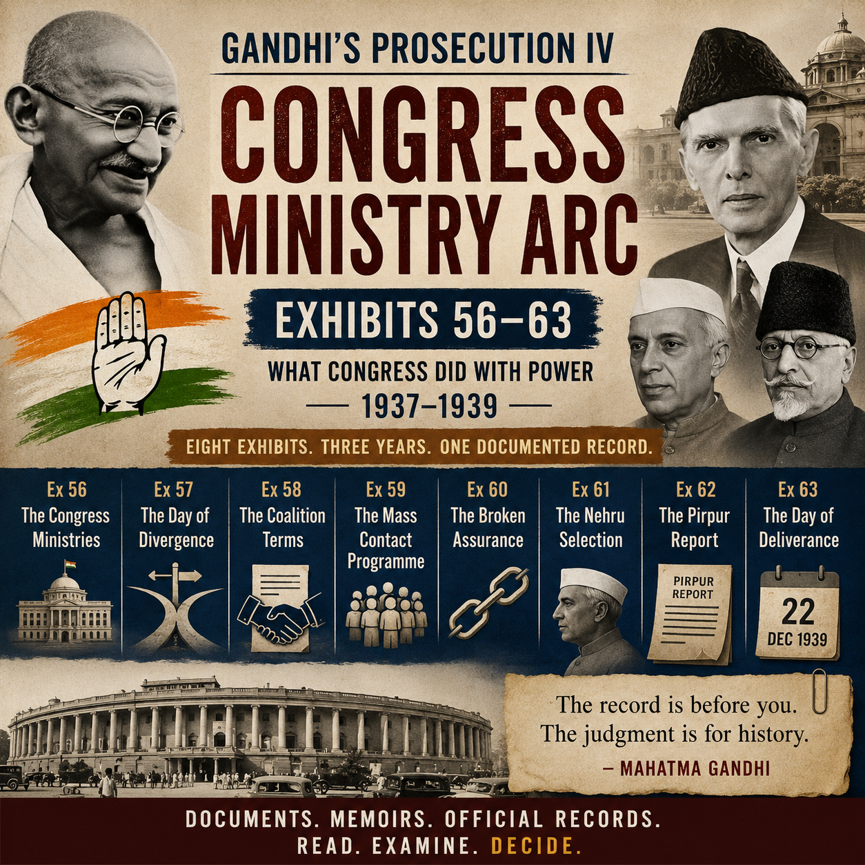 Gandhi, Mahatma Gandhi, Muhammad Ali Jinnah, Jawaharlal Nehru, Maulana Abul Kalam Azad, Congress Ministries, Congress Ministry Arc, Gandhi's Prosecution, Indian National Congress, Muslim League, Pirpur Report, Day of Deliverance, Mass Contact Programme, Coalition Politics, United Provinces, British India, Indian Independence Movement, Political History, Historical Documents, HinduinfoPedia
