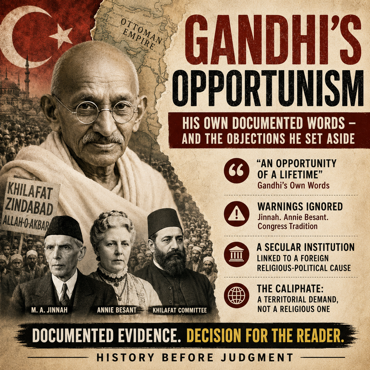 Mahatma Gandhi, Khilafat Movement, Ottoman Caliphate, Muhammad Ali Jinnah, Annie Besant, Indian National Congress, Indian Freedom Movement, British India, Non-Cooperation Movement, Historical Documents, Political History, Primary Sources, Documentary Style, Vintage Poster, Hindu-Muslim Relations, Ottoman Empire, Historical Analysis, HinduinfoPedia