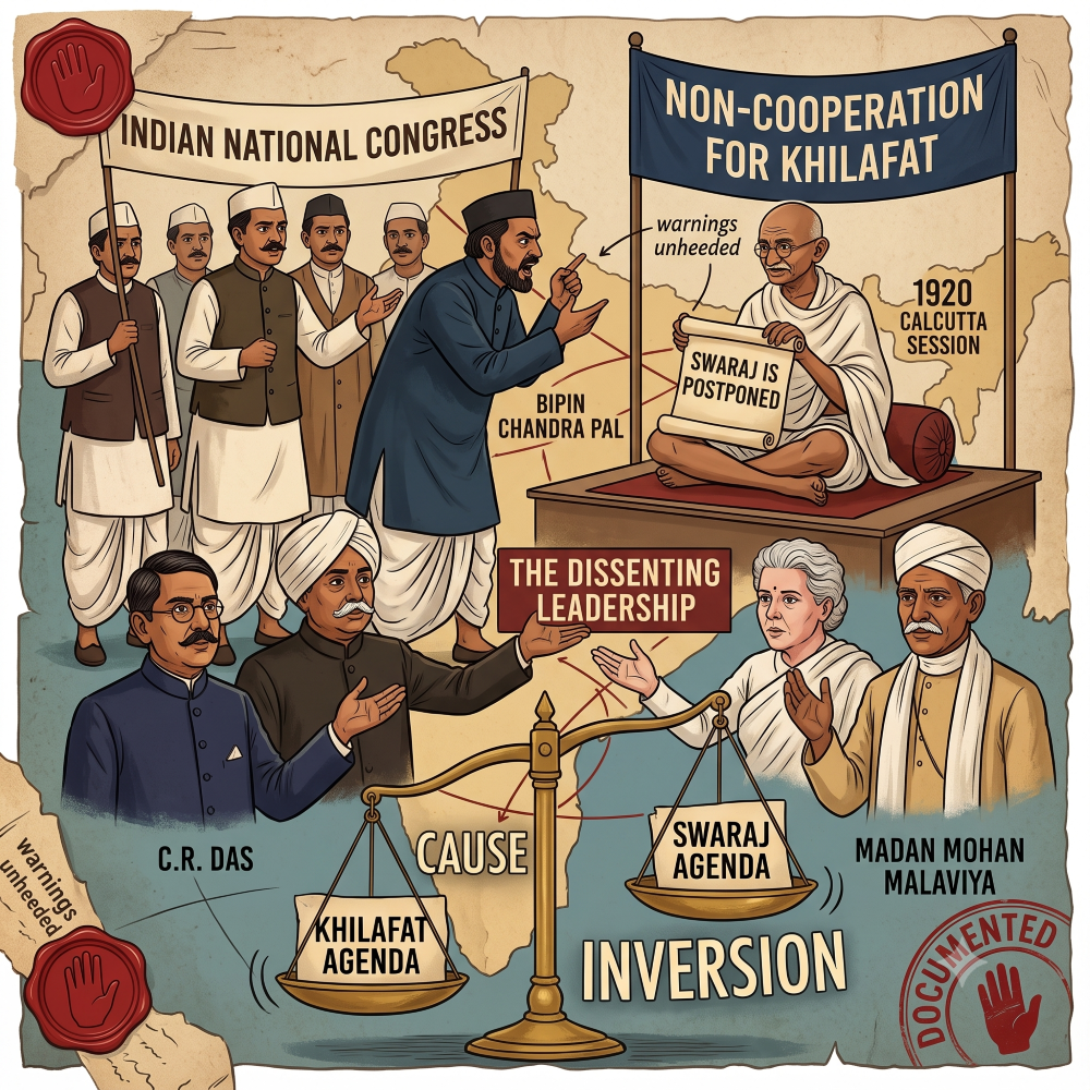 modern Indian history, Mahatma Gandhi, Non-Cooperation Movement, Khilafat Movement, 1920 Calcutta Congress Session, Bipin Chandra Pal, Chittaranjan Das, Madan Mohan Malaviya, Annie Besant, political dissent, Indian National Congress, political cartoon, historical illustration, cause inversion, Swaraj campaign