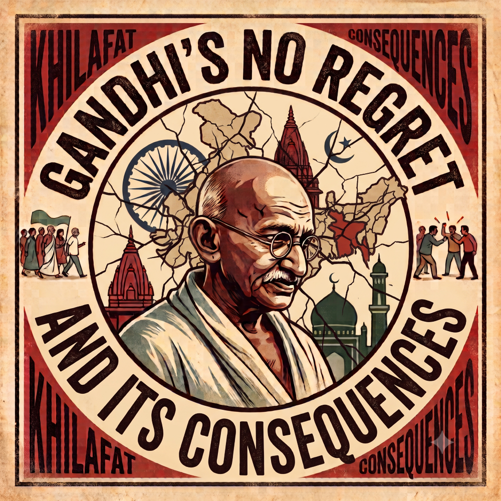 Gandhi, Khilafat, non-cooperation movement, British India, partition, historical critique, political poster, Jinnah, Besant, Moplah rebellion, 1924, communalism, vintage illustration, Indian history, logic, debate, propaganda art.