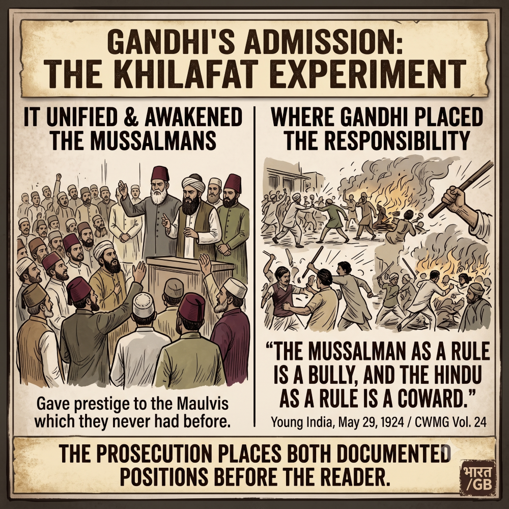 political sketch, historical illustration, vintage newspaper style, sepia tone, Gandhi's Admission, Khilafat Movement, Young India quote, communal riots, Moplah rebellion, Maulvis, political agitation, British India history, editorial cartoon, textured paper, social commentary