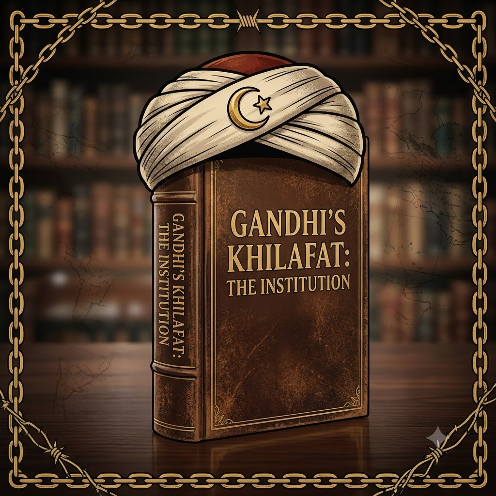 book, Khilafat movement, Mahatma Gandhi, history, political illustration, turban, crescent and star, library, leather book, gold border, chains, barbed wire, historical institutionalism, religion and politics