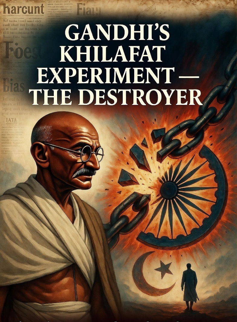 Gandhi, Khilafat movement, Khilafat experiment, historical illustration, symbolic art, Hindu Muslim unity, Indian independence, Congress, Jinnah, Caliphate, communal riots, historical drama, blog feature image, destroyer, political history, India 1920s