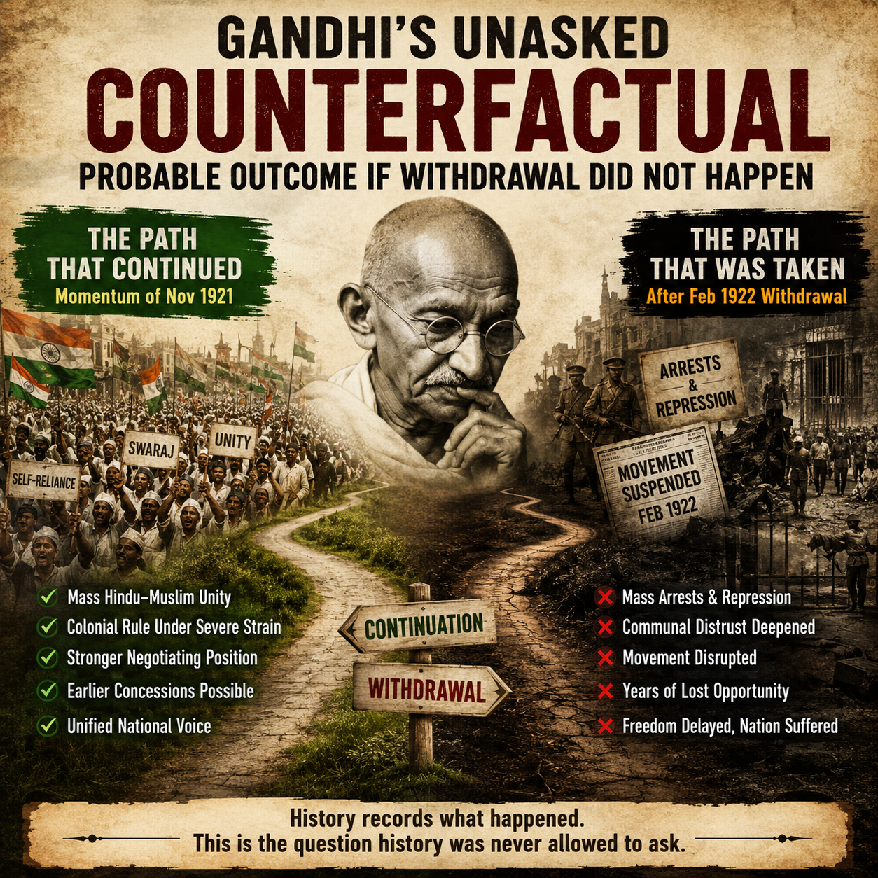 Gandhi, Chauri Chaura, Non-Cooperation Movement, Counterfactual History, Indian Independence, British Raj, Swaraj, Khilafat Movement, Colonial India, Freedom Struggle, Historical Analysis, Political History, Civil Disobedience, Congress Movement, Mahatma Gandhi, British Repression, National Movement, Historical Debate, HinduinfoPedia, India History