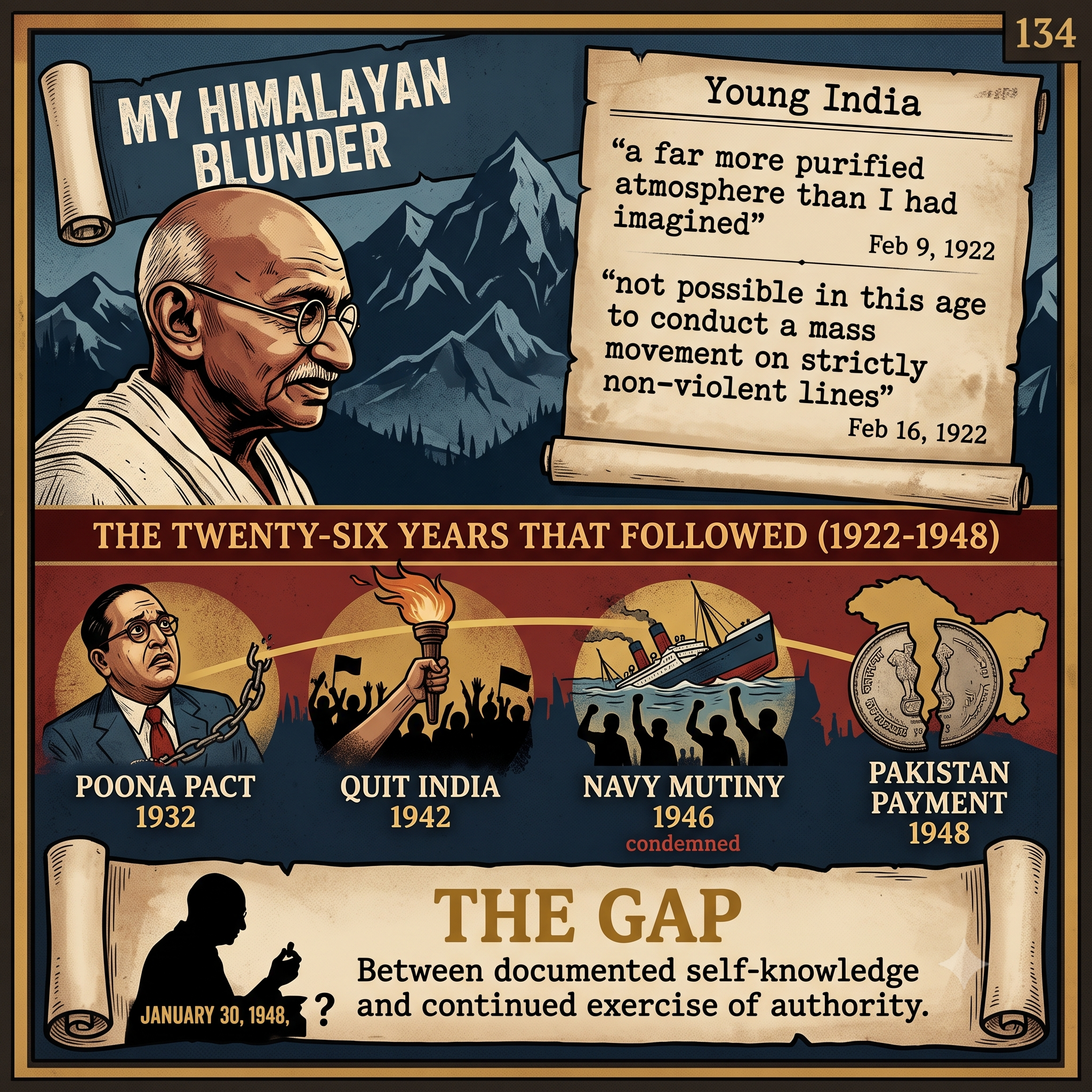 Mahatma Gandhi, Himalayan Miscalculation, Indian History, Rowlatt Satyagraha, Chauri Chaura, Non-Cooperation Movement, Indian Independence, Young India, Nadiad, Historical Analysis, Poona Pact, Quit India Movement, Modern Indian History, History Blog Feature