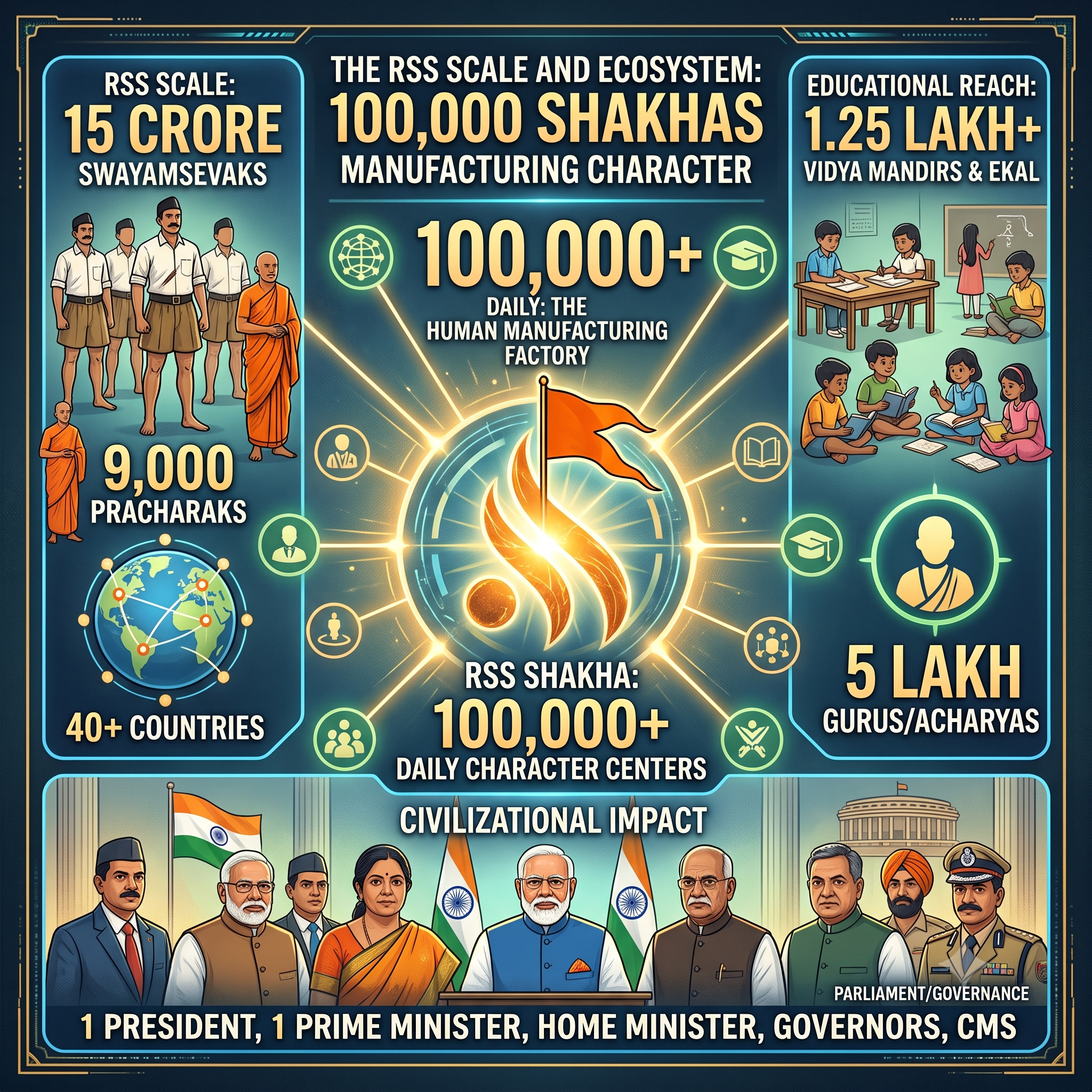 RSS scale, RSS ecosystem, Shakha, character building, human manufacturing, RSS swayamsevak, Vidya Bharati, Ekal Vidyalaya, organizational scale, civilizational impact, RSS pracharak, Indian education, cultural preservation, governance leadership, grassroots organization
