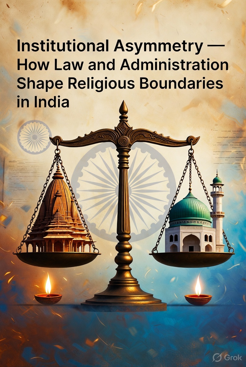 institutional asymmetry, religious boundaries, india, scales of justice, hindu temple, mosque, waqf, hindu endowments, constitutional balance, sacred spaces, legal parity, ashoka chakra, diya, digital art, feature image, blog illustration