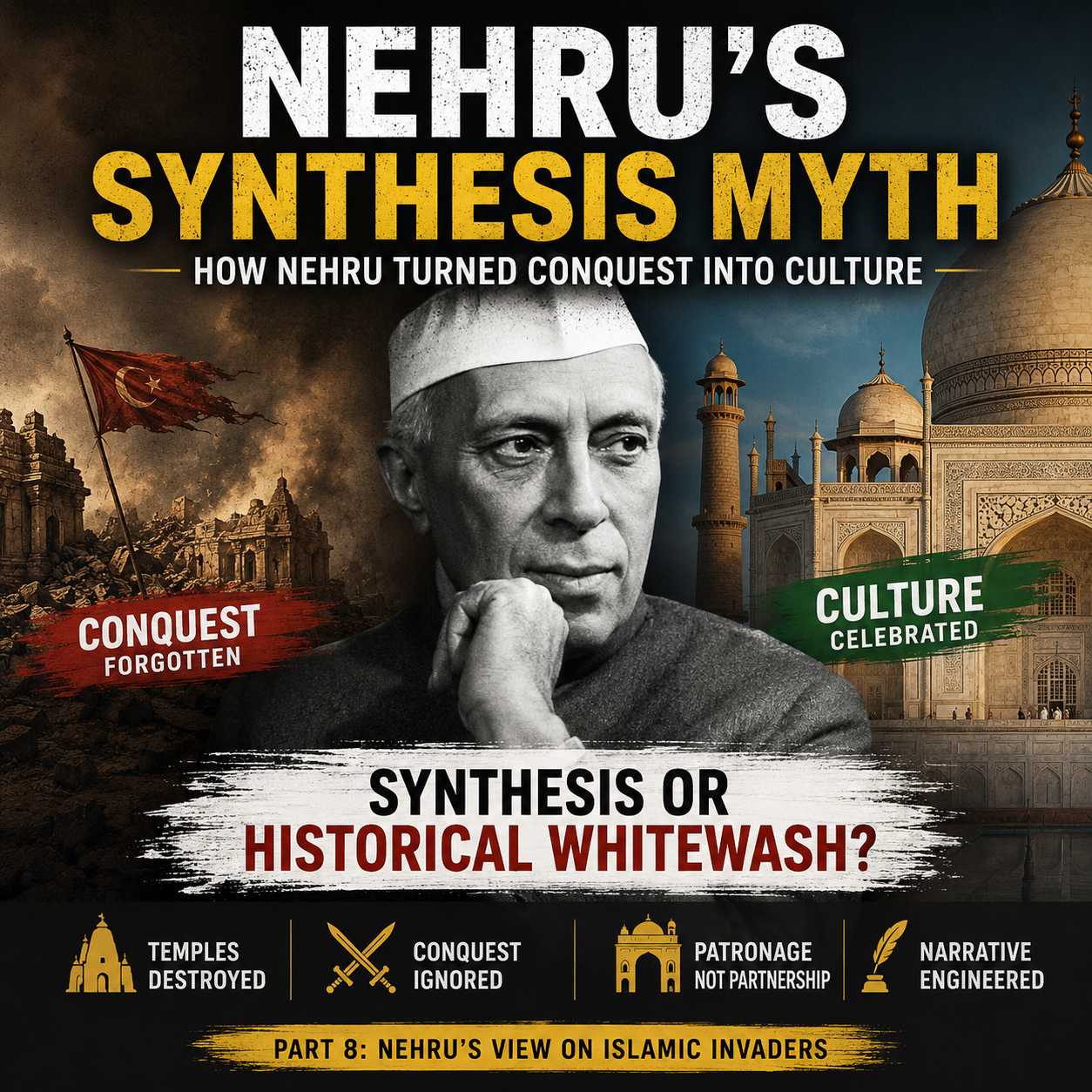 Jawaharlal Nehru, Nehru, Nehru history, Indian history, Mughal history, Islamic invaders, historical narrative, historical revisionism, civilizational history, temple destruction, Mughal architecture, cultural synthesis, historical debate, Indian civilization, historiography, medieval India, historical interpretation, conquest, cultural heritage, HinduinfoPedia